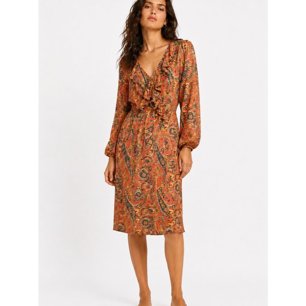 Land’s End Vintage-Inspired Silk Orange Paisley Ruffle V-Neck Knee Length Dress